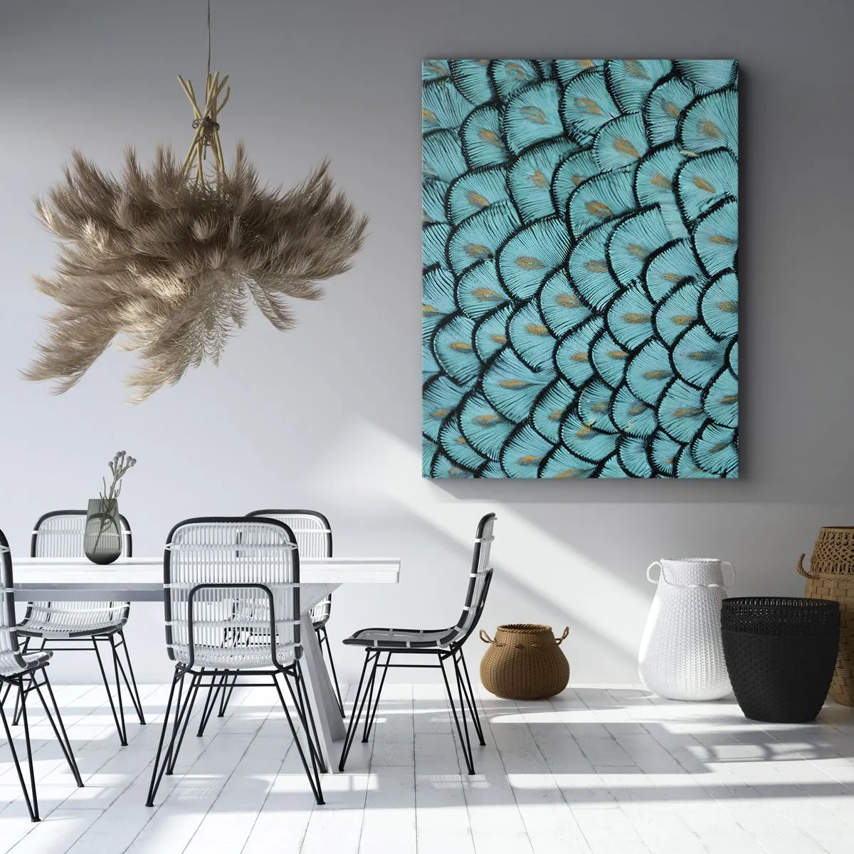 Cuadro sobre lienzo - Impresión de Imagen - Un patrón que se asemeja a escamas turquesas con acentos dorados. - 80x120cm - La gran gala de las plumas - Decoración de pared moderna para salón y dormitorio ARTTOR