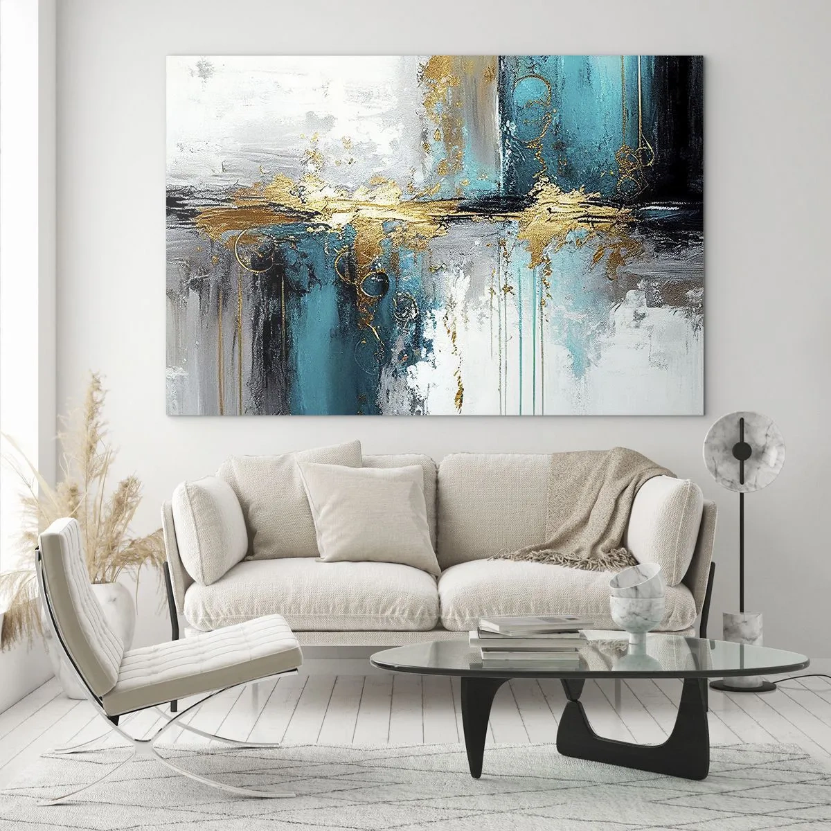 Cuadro sobre vidrio - Impresiones sobre Vidrio - Abstracción con turquesa y oro sobre fondo blanco. - 70x50cm - Todo fluye - Decoración de pared moderna para salón y dormitorio ARTTOR