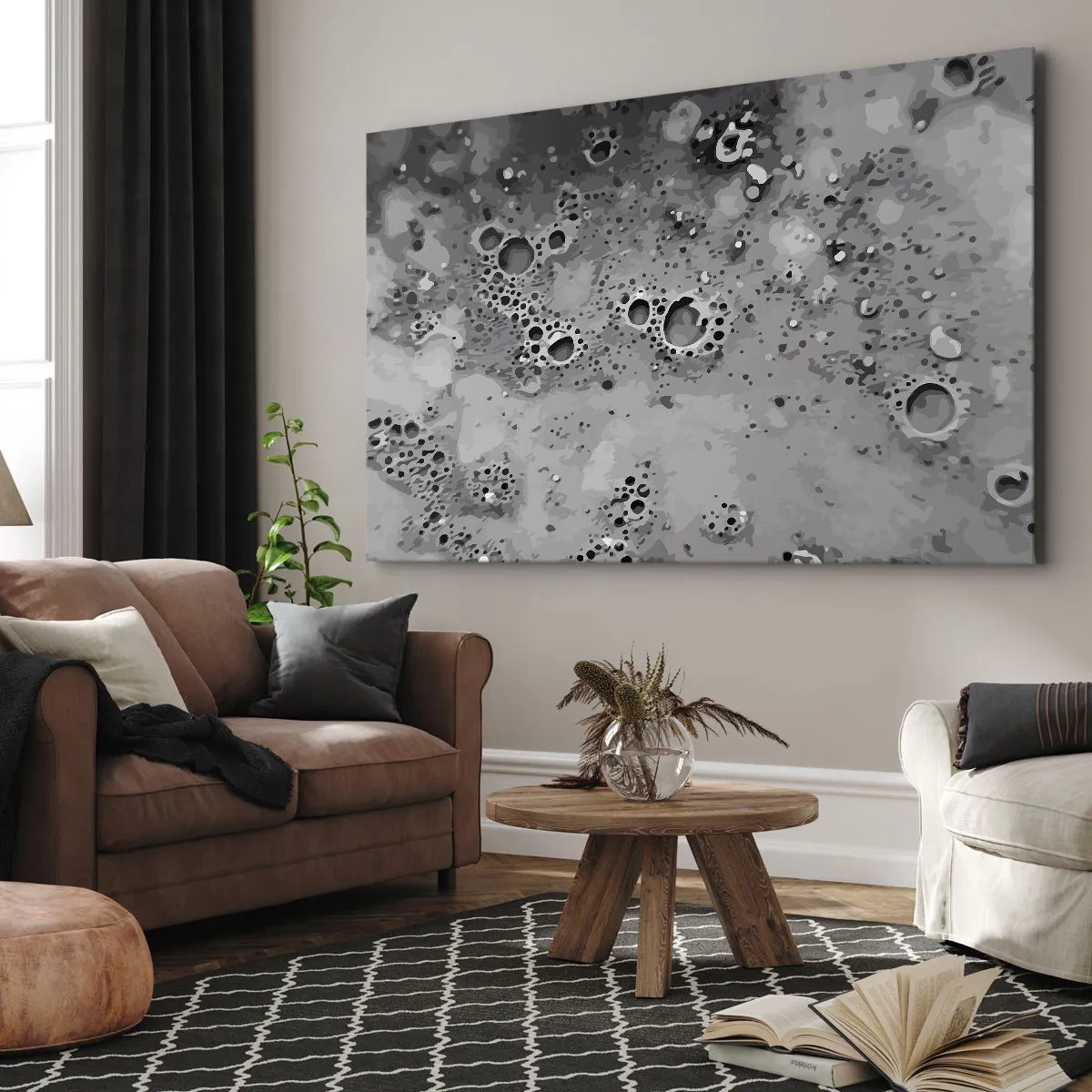 Cuadro sobre lienzo - Impresión de Imagen - Patrón abstracto de burbujas en blanco y negro - 70x50cm - Como un paisaje lunar - Decoración de pared moderna para salón y dormitorio ARTTOR