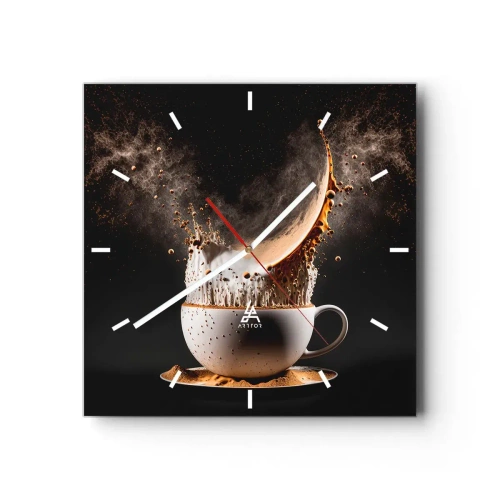Reloj de pared - Reloj de vidrio - Una taza de café con una explosión dinámica de líquido sobre un fondo negro. - 30x30cm - Una explosión de sabor - Decoración de pared moderna para salón y dormitorio ARTTOR