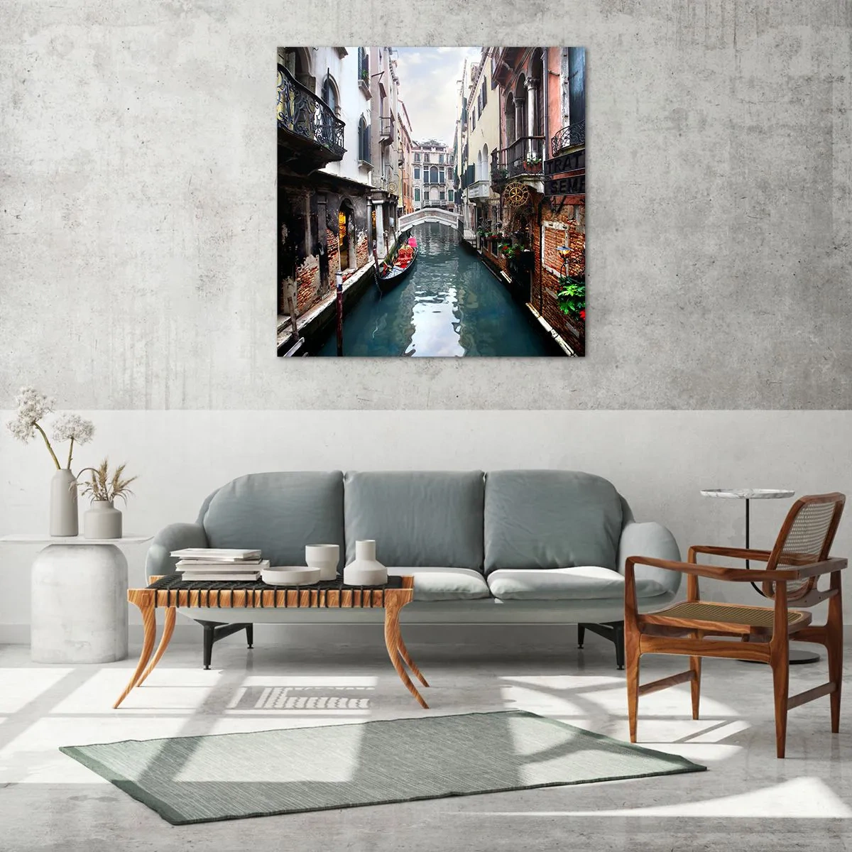 Cuadro sobre vidrio - Impresiones sobre Vidrio - Paisaje veneciano con góndola y puente - 50x50 cm