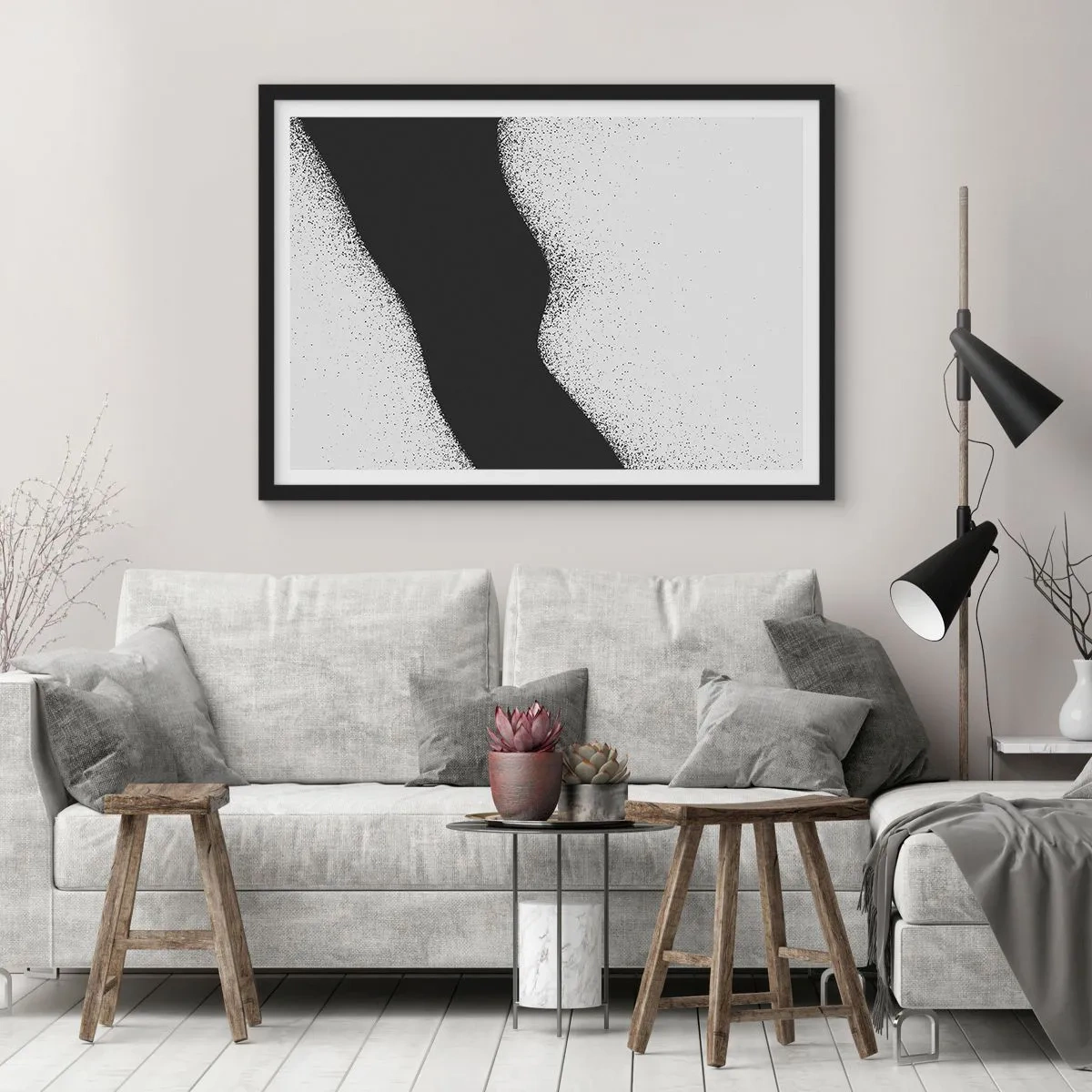 Póster en marco negro - Patrón abstracto en blanco y negro con puntos delicados sobre lienzo - 70x50cm - Equilibrio suave - Decoración de pared moderna para salón y dormitorio ARTTOR