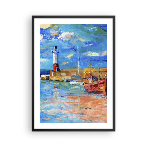 Póster en marco negro - Un puerto pintoresco con un faro y barcos amarrados. - 50x70cm - Tarde en la bahía del arco iris - Decoración de pared moderna para salón y dormitorio ARTTOR