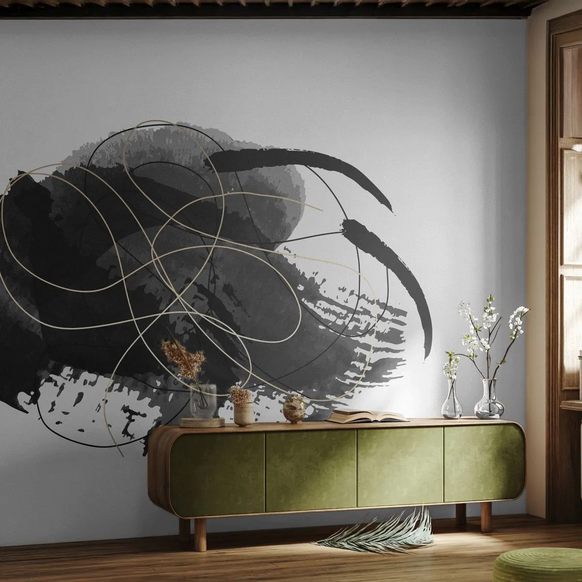 Fotomural Standard Eco - Abstracción moderna en negro, gris y dorado. - 100x70cm - Salió de la negrura - Decoración de pared moderna para salón y dormitorio ARTTOR