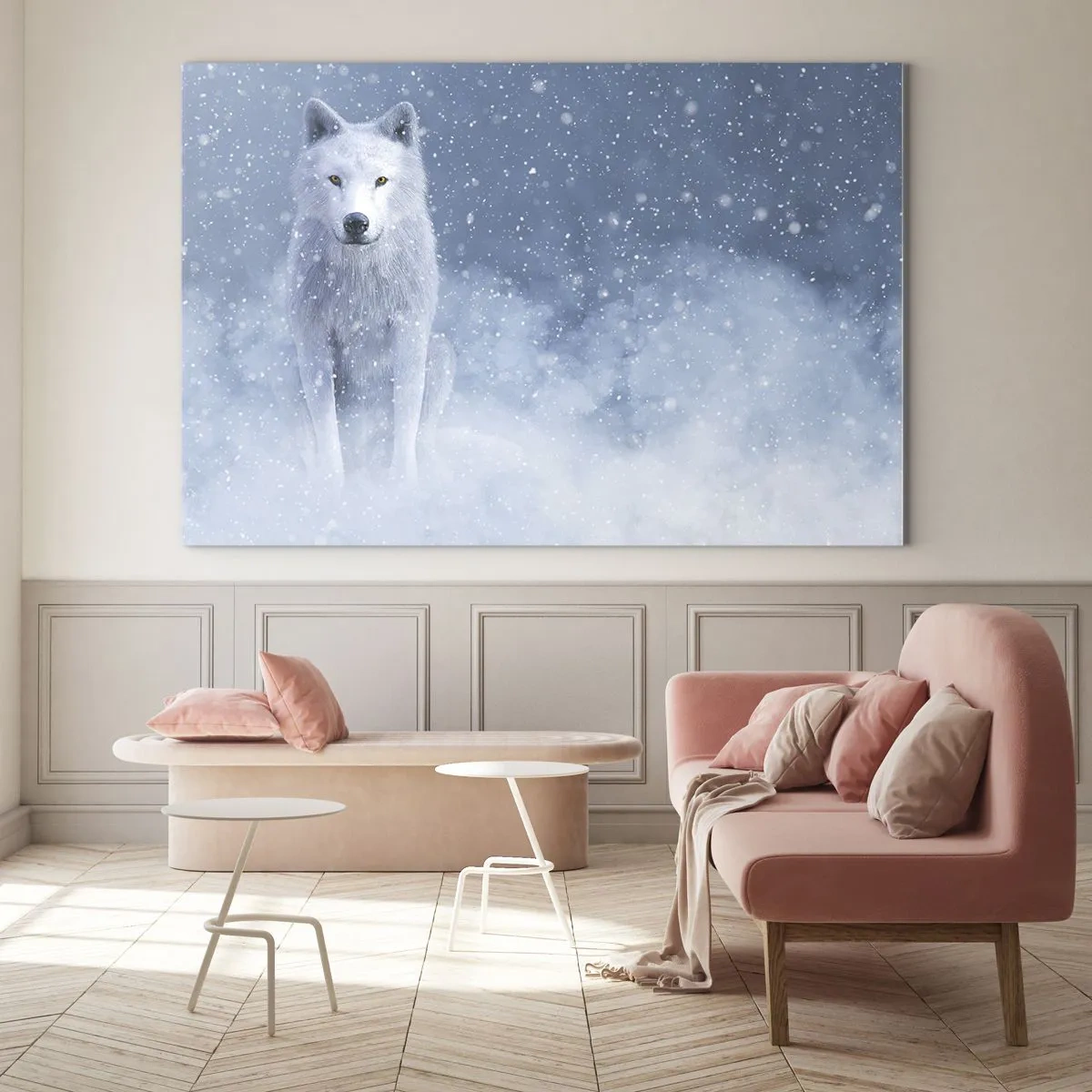 Cuadro sobre vidrio - Impresiones sobre Vidrio - Un lobo blanco en una tormenta de nieve mirando hacia adelante. - 70x50cm - El espíritu del invierno - Decoración de pared moderna para salón y dormitorio ARTTOR