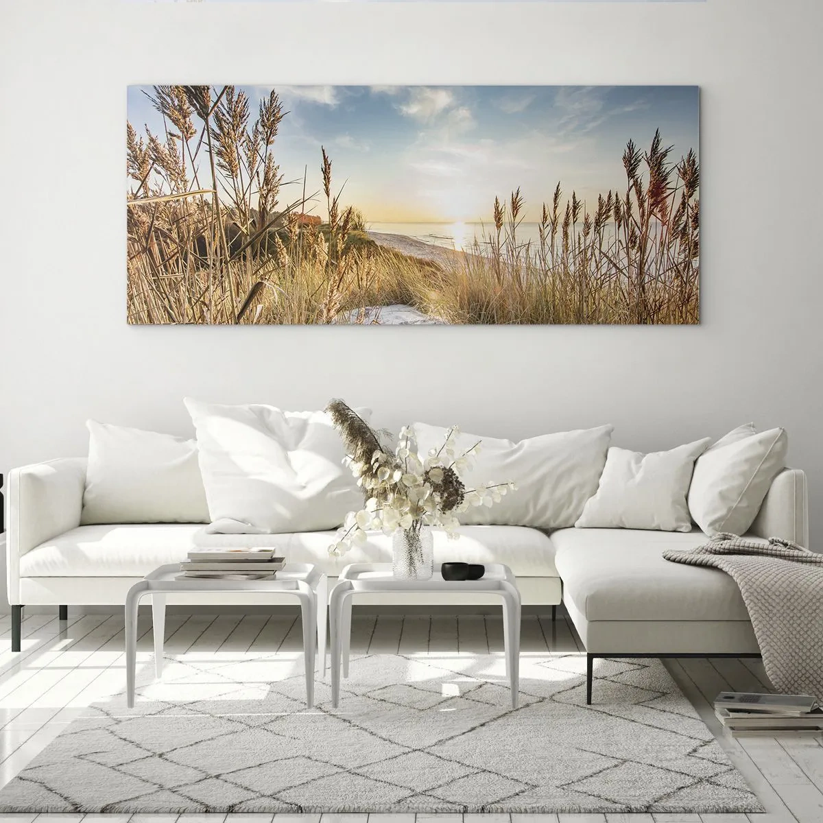 Cuadro sobre vidrio - Impresiones sobre Vidrio - Una playa pintoresca con césped y la puesta de sol. - 160x50cm - Playa del norte - Decoración de pared moderna para salón y dormitorio ARTTOR