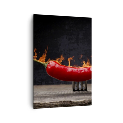 Cuadro sobre lienzo - Impresión de Imagen - Pimiento rojo flameado en un tenedor - 70x100cm - Un aperitivo ardiente - Decoración de pared moderna para salón y dormitorio ARTTOR