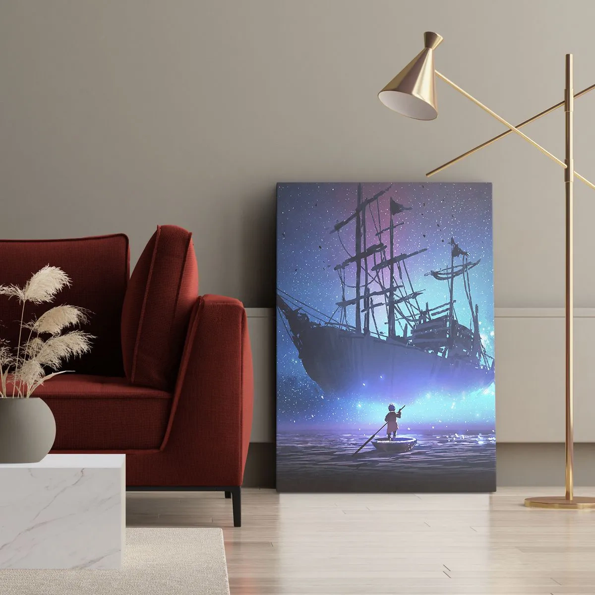 Cuadro sobre lienzo - Impresión de Imagen - Un barco fantástico contra el cielo estrellado. - 80x120cm - El encuentro con el mito del mar - Decoración de pared moderna para salón y dormitorio ARTTOR