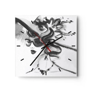 Reloj de pared - Reloj de vidrio - Mujer elegante con sombrero en estilo blanco y negro - 30x30cm - Una dama con carácter - Decoración de pared moderna para salón y dormitorio ARTTOR