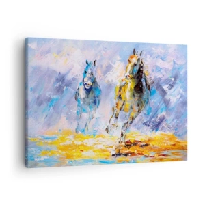 Cuadro sobre lienzo - Impresión de Imagen - Dos caballos en movimiento con el telón de fondo de un paisaje abstracto. - 70x50cm - Galopando a través del resplandor - Decoración de pared moderna para salón y dormitorio ARTTOR