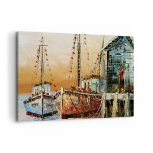 Cuadro sobre lienzo - Impresión de Imagen - Barcos en la orilla bajo la cálida luz del atardecer. - 100x70cm - Regreso pacífico - Decoración de pared moderna para salón y dormitorio ARTTOR