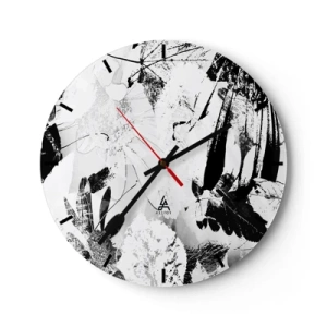 Reloj de pared - Reloj de vidrio - Patrón floral y de hojas en blanco y negro en un estilo artístico. - 30x30cm - Otoño en negativo - Decoración de pared moderna para salón, cocina y dormitorio ARTTOR