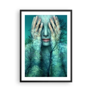 Póster en marco negro - Un rostro de mujer con un paisaje forestal en estilo de doble exposición. - 50x70cm - Sumergida en azul - Decoración de pared moderna para salón y dormitorio ARTTOR