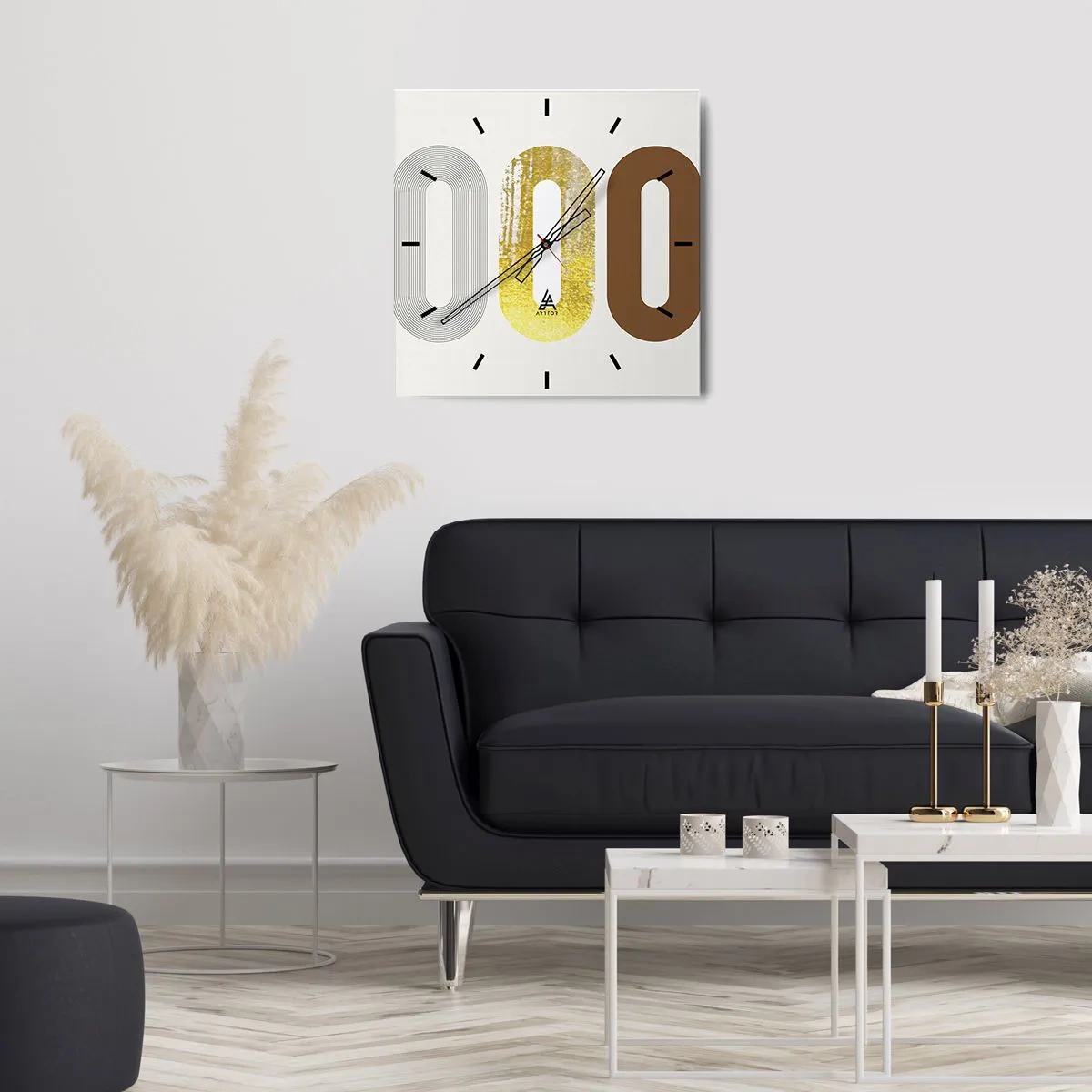 Reloj de pared - Reloj de vidrio - Motivo abstracto de tres formas geométricas - 30x30cm - ¡Ooo! - Decoración de pared moderna para salón y dormitorio ARTTOR