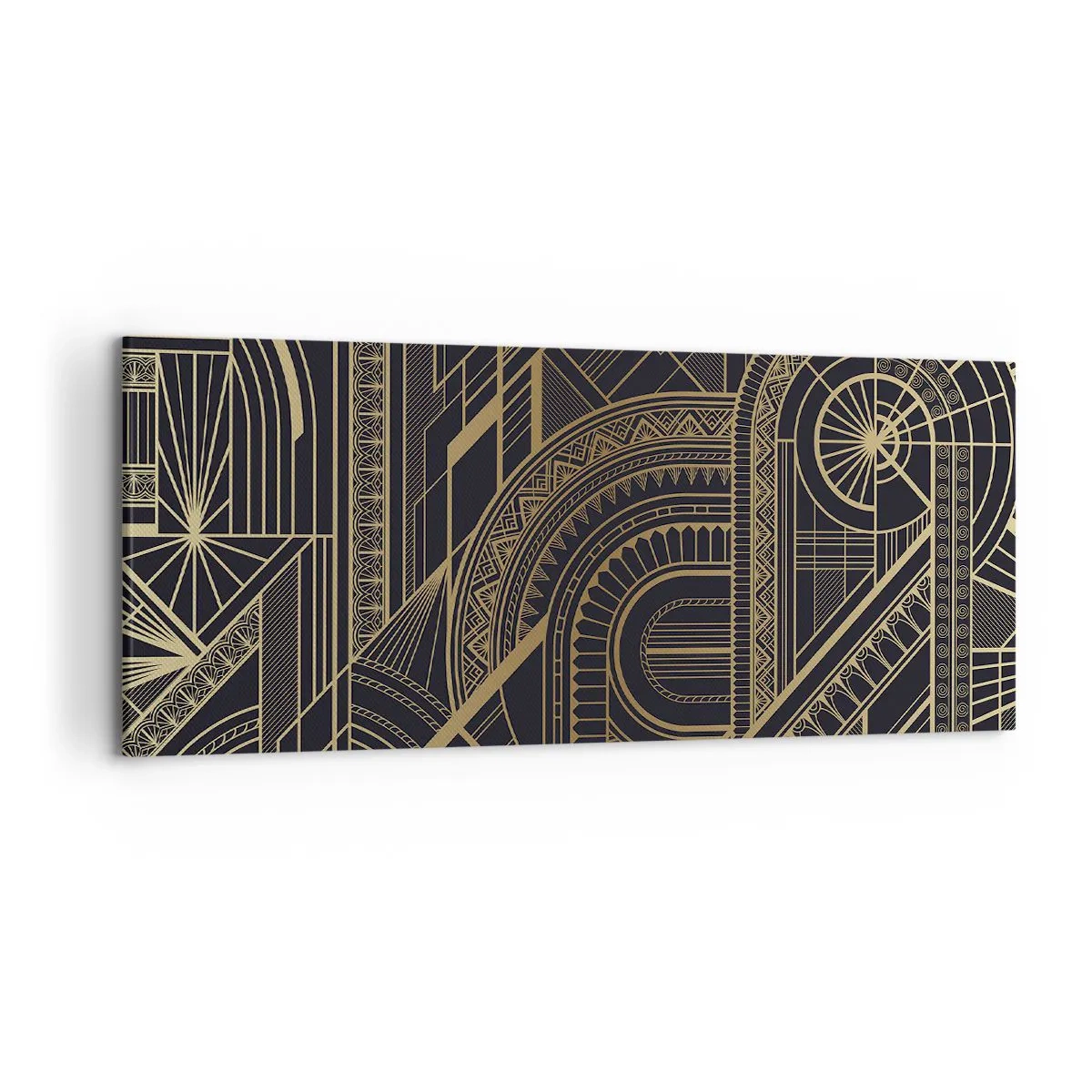 Cuadro sobre lienzo - Impresión de Imagen - Patrones geométricos dorados sobre fondo negro en estilo Art Déco - 120x50cm - Conceptos, ideas, planes - Decoración de pared moderna para salón y dormitorio ARTTOR