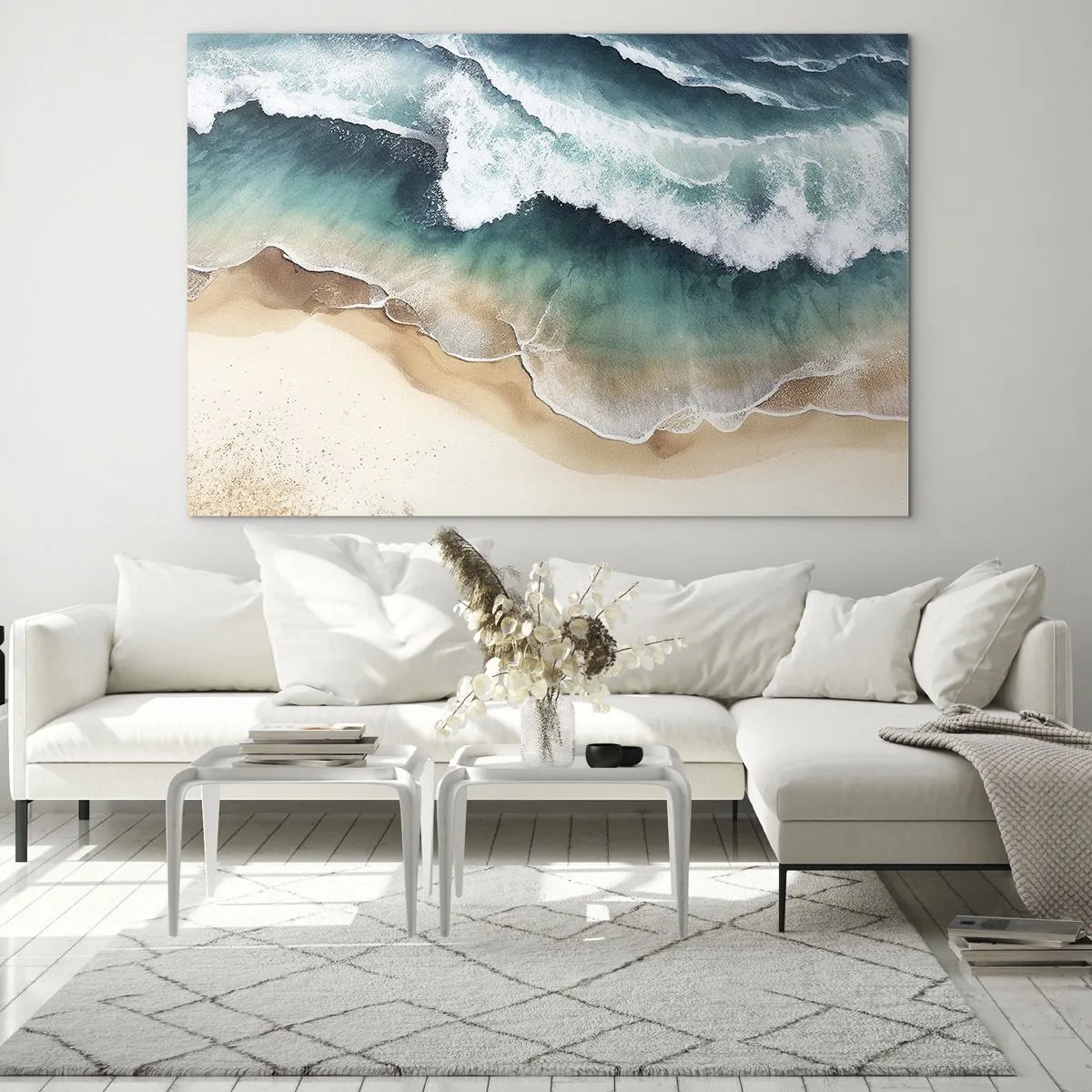 Cuadro sobre vidrio - Impresiones sobre Vidrio - Olas del océano rompiendo en una playa de arena dorada - 100x70cm - Un encuentro eterno - Decoración de pared moderna para salón y dormitorio ARTTOR