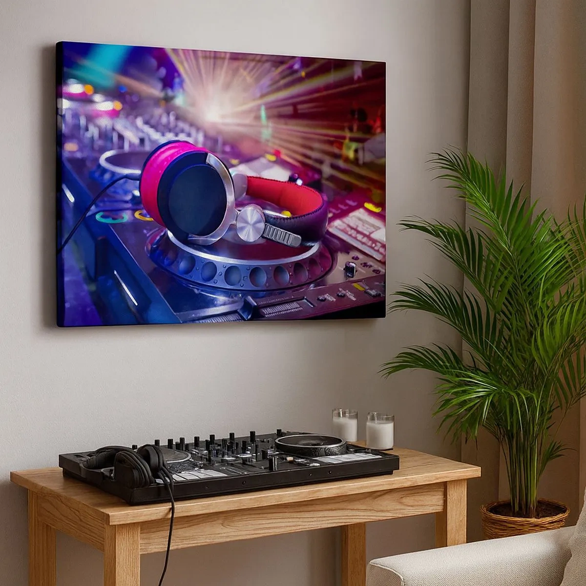 Cuadro sobre lienzo - Impresión de Imagen - Auriculares de DJ en una consola iluminada por focos en una fiesta - 70x50cm - Empieza la fiesta - Decoración de pared moderna para salón y dormitorio ARTTOR