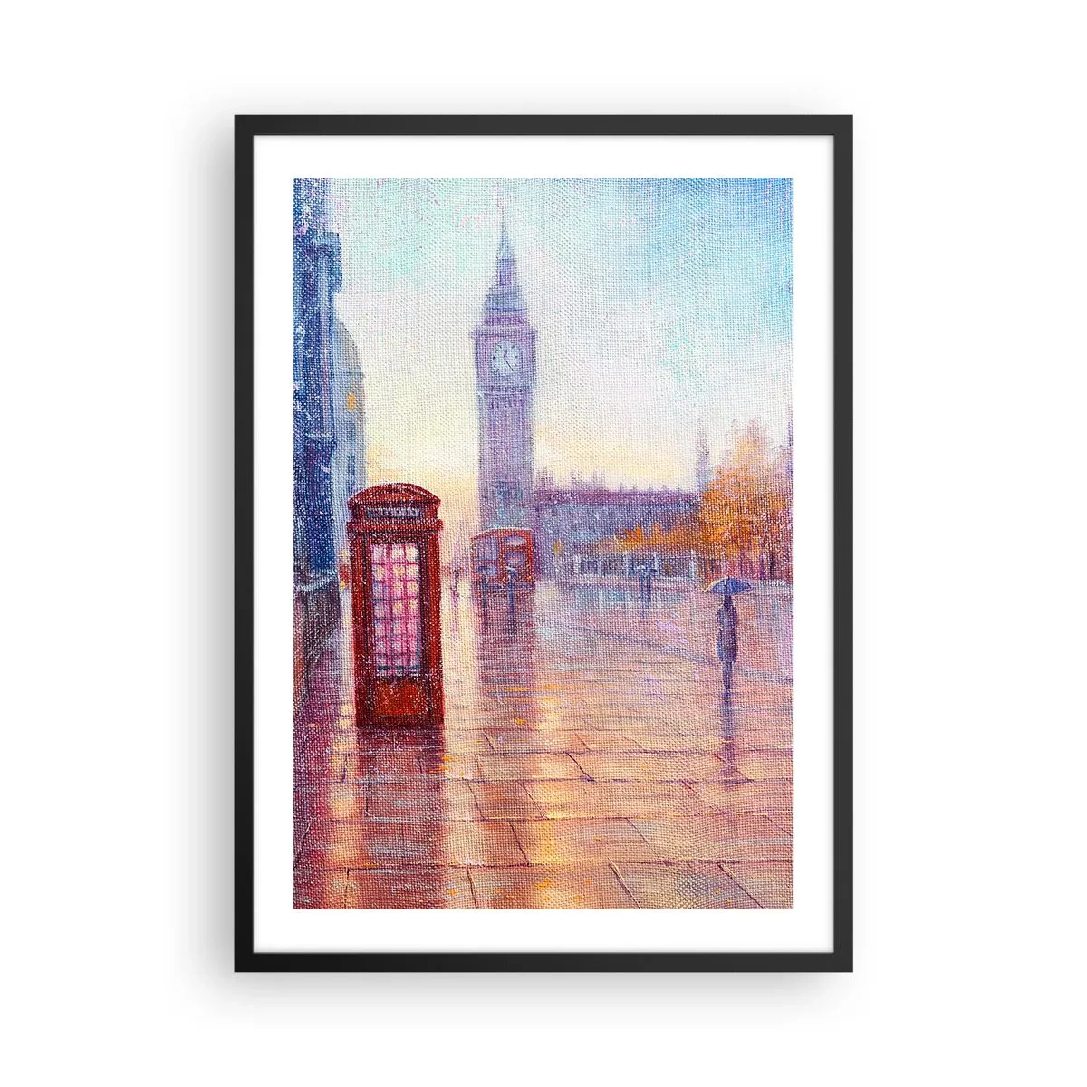 Póster en marco negro - El Big Ben y la cabina telefónica roja en un día lluvioso - 50x70cm - Un día de otoño en Londres - Decoración de pared moderna para salón y dormitorio ARTTOR