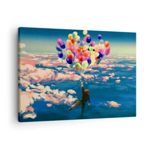 Cuadro sobre lienzo - Impresión de Imagen - Una figura flotando sobre las nubes con globos de colores. - 70x50cm - Un sueño de infancia hecho realidad - Decoración de pared moderna para salón y dormitorio ARTTOR
