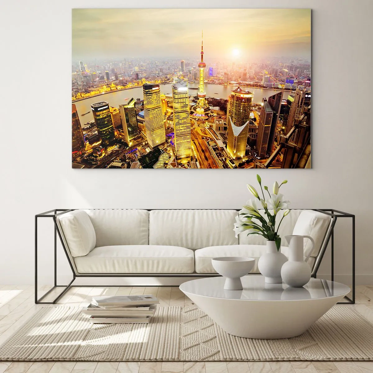 Cuadro sobre vidrio - Impresiones sobre Vidrio - Panorama de la ciudad al atardecer con rascacielos. - 100x70cm - Sueño asiático - Decoración de pared moderna para salón y dormitorio ARTTOR