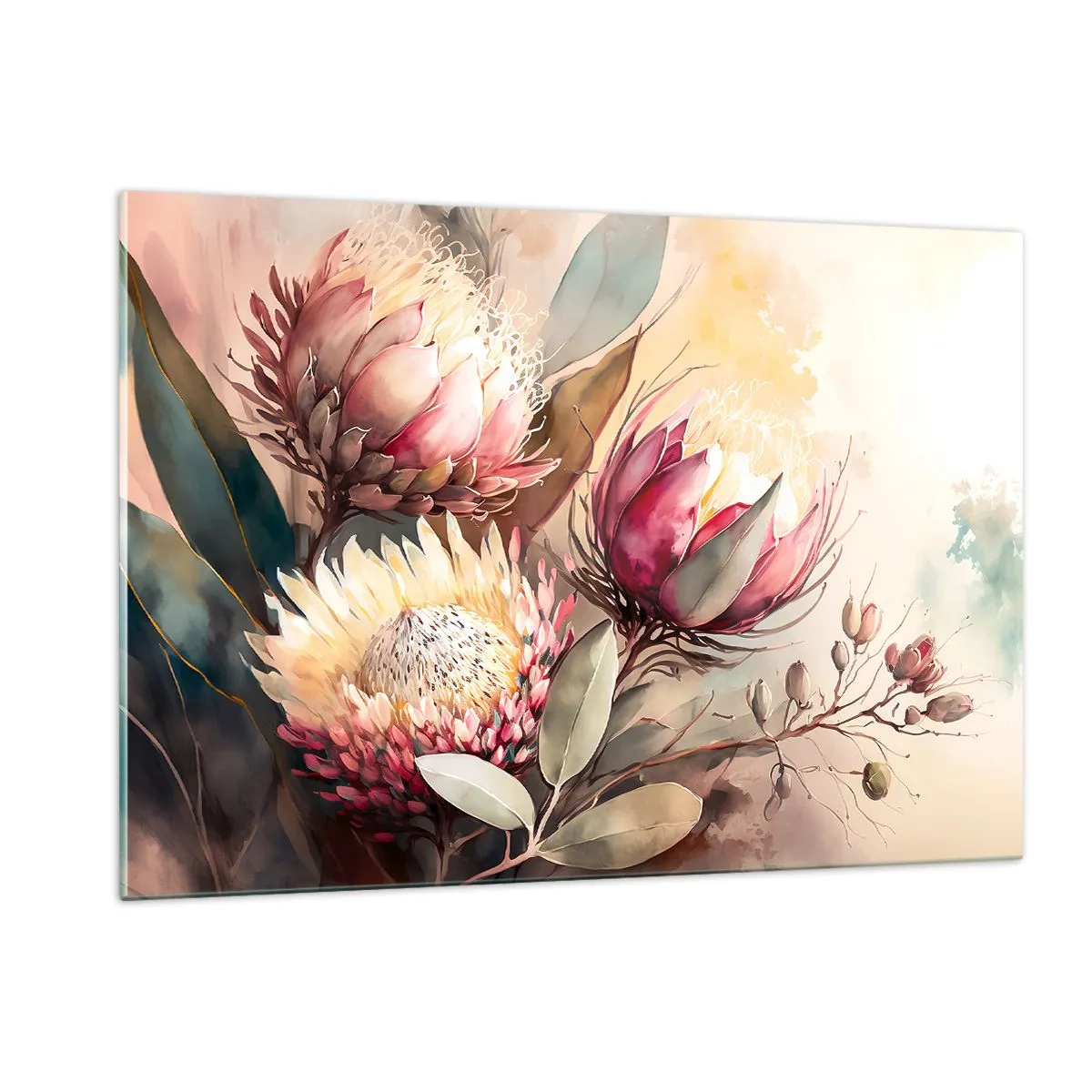 Cuadro sobre vidrio - Impresiones sobre Vidrio - Flores de protea en colores pastel sobre un fondo artístico. - 120x80cm - De perfil y de frente - Decoración de pared moderna para salón y dormitorio ARTTOR