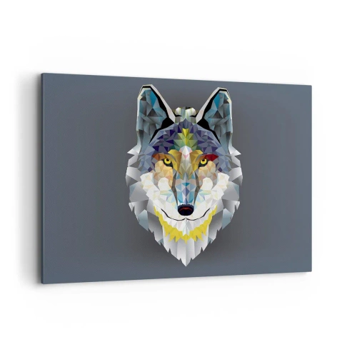 Cuadro sobre lienzo - Impresión de Imagen - Imagen geométrica de un lobo sobre un fondo gris. - 120x80cm - Habla del lobo si lo ves - Decoración de pared moderna para salón y dormitorio ARTTOR