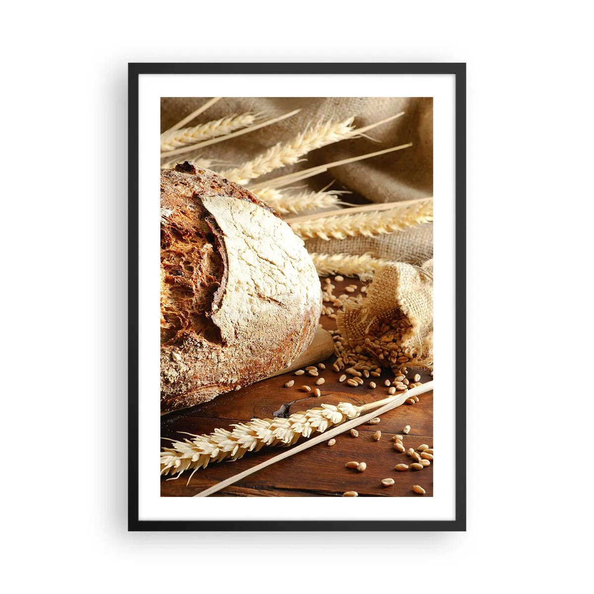 Póster en marco negro - Pan sobre una mesa de madera con espigas de trigo - 50x70cm - Apetitoso, fragante, crujiente - Decoración de pared moderna para salón y dormitorio ARTTOR