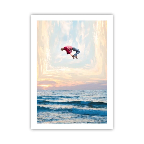 Póster - Un hombre salta al cielo sobre el océano al atardecer. - 50x70cm - A otra dimensión - Decoración de pared moderna para salón y dormitorio ARTTOR