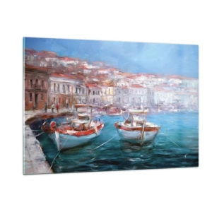 Cuadro sobre vidrio - Impresiones sobre Vidrio - Puerto pesquero con barcos con edificios italianos como telón de fondo y un cielo azul. - 120x80cm - Bahía italiana - Decoración de pared moderna para salón y dormitorio ARTTOR