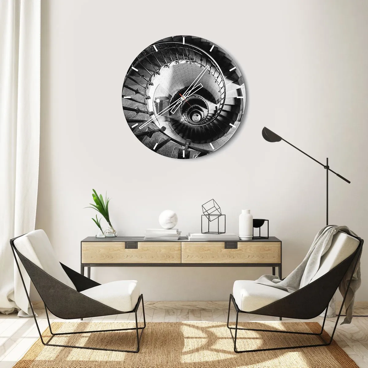 Reloj de pared - Reloj de vidrio - Escalera de caracol en blanco y negro vista desde arriba - 30x30cm - Cada vez más alto - Decoración de pared moderna para salón, cocina y dormitorio ARTTOR