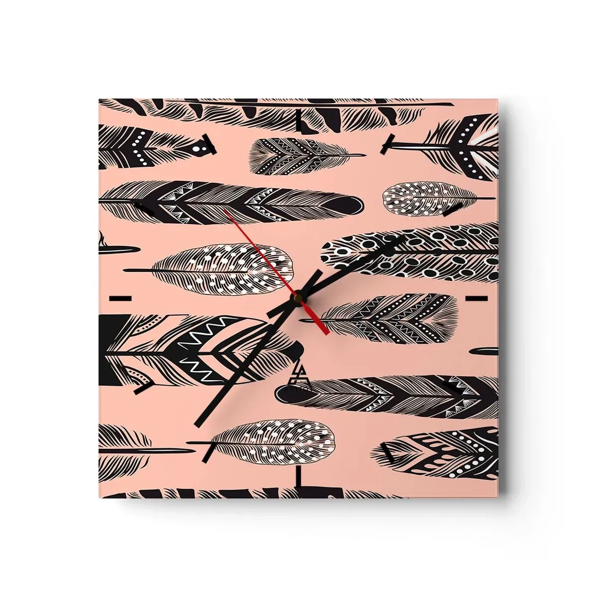 Reloj de pared - Reloj de vidrio - Plumas decorativas sobre un fondo claro. - 30x30cm - Una colección india - Decoración de pared moderna para salón y dormitorio ARTTOR