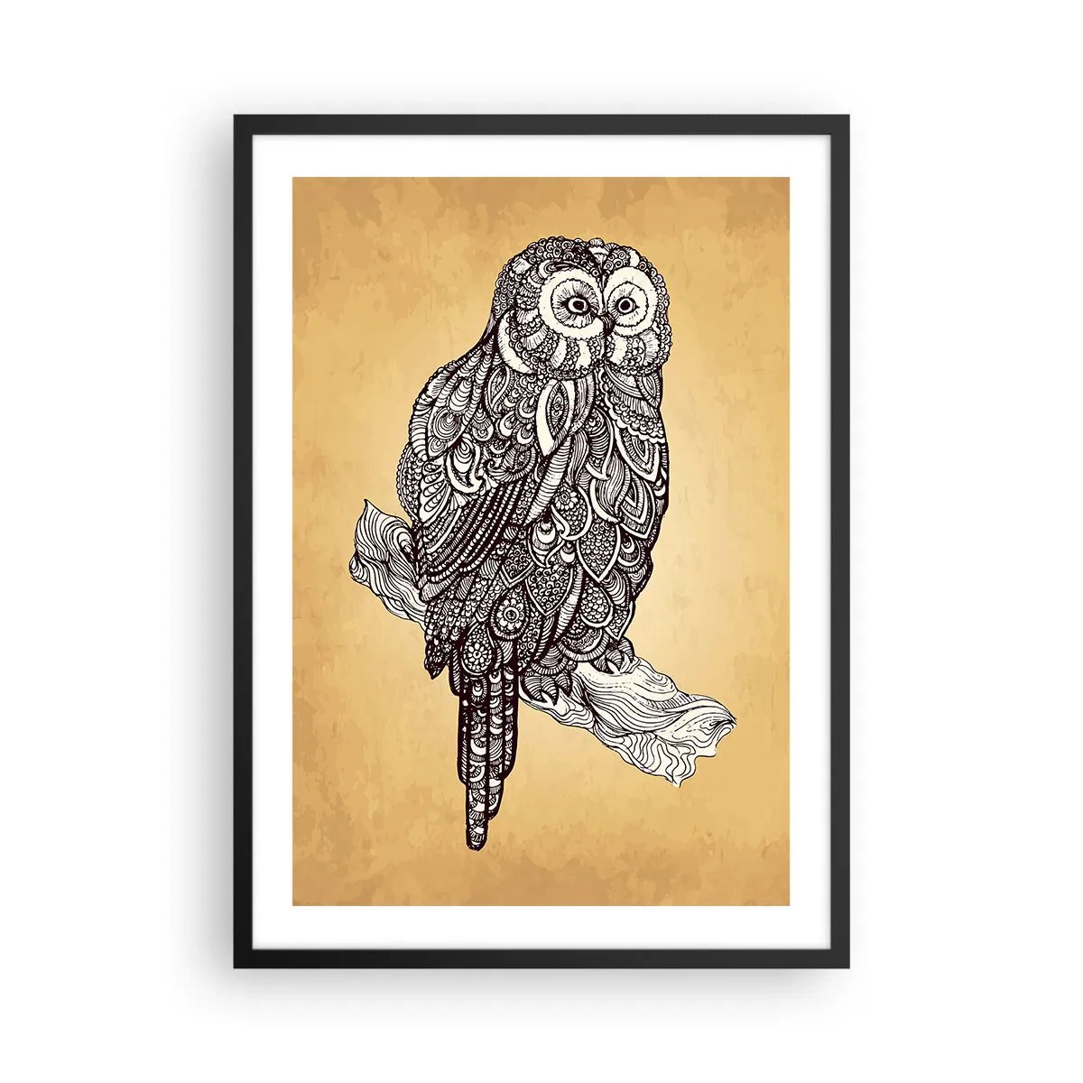 Póster en marco negro - Un búho estilizado con un patrón ornamental sobre un fondo beige. - 50x70cm - Intrincados ornamentos de sabiduría - Decoración de pared moderna para salón y dormitorio ARTTOR