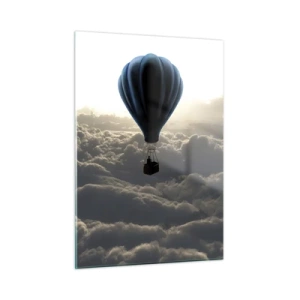 Cuadro sobre vidrio - Impresiones sobre Vidrio - Un globo flotando sobre las nubes al amanecer. - 50x70cm - Un viajero por encima de las nubes - Decoración de pared moderna para salón y dormitorio ARTTOR