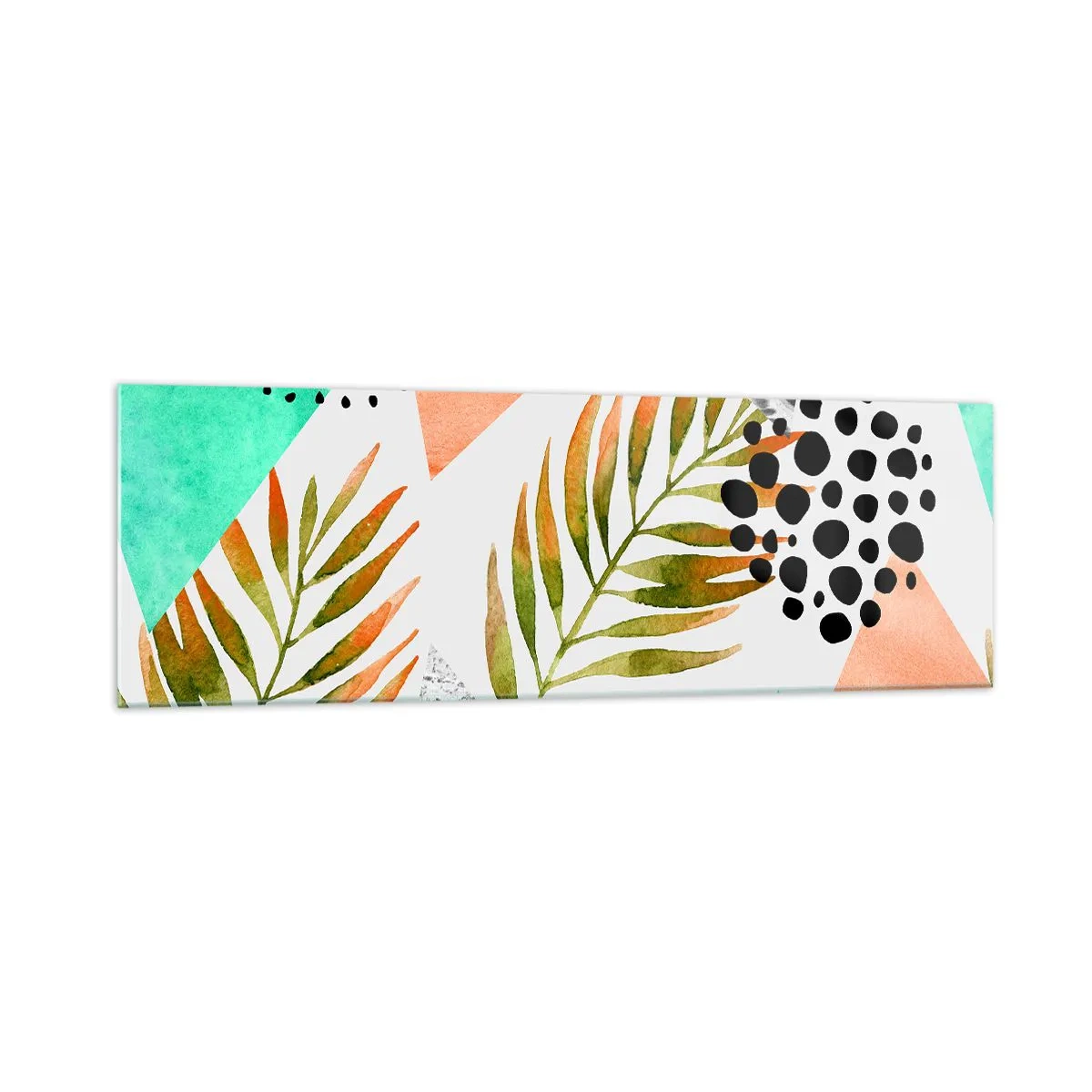Cuadro sobre vidrio - Impresiones sobre Vidrio - Patrón tropical con hojas y formas geométricas. - 160x50cm - Decoración con hojas de palmera - Decoración de pared moderna para salón y dormitorio ARTTOR