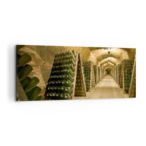Cuadro sobre lienzo - Impresión de Imagen - Un viñedo con una bodega llena de botellas de vino expuestas en estantes de madera. - 120x50cm - El nacimiento del gusto - Decoración de pared moderna para salón y dormitorio ARTTOR