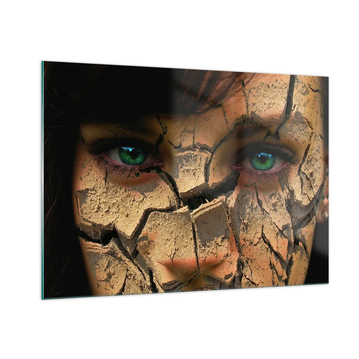 Cuadro sobre vidrio - Impresiones sobre Vidrio - Un rostro de mujer con efecto tierra agrietada. - 100x70cm - Deleite y asombro - Decoración de pared moderna para salón y dormitorio ARTTOR