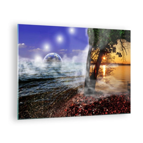 Cuadro sobre vidrio - Impresiones sobre Vidrio - Un paisaje de fantasía con el mar y un planeta. - 70x50cm - Paisaje surrealista - la naturaleza única - Decoración de pared moderna para salón y dormitorio ARTTOR