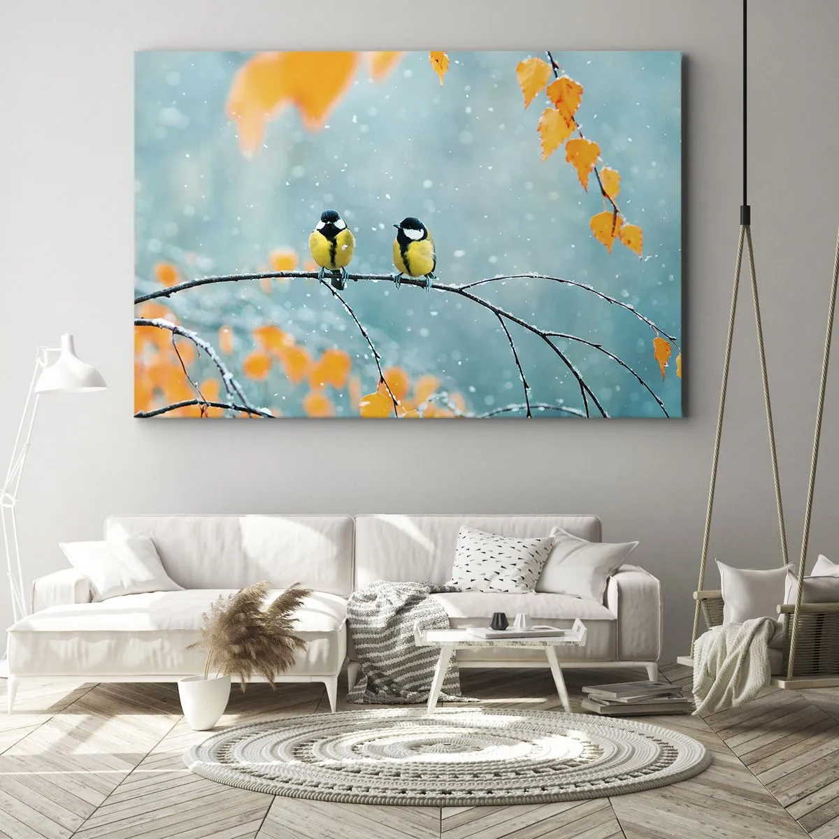 Cuadro sobre lienzo - Impresión de Imagen - Dos pájaros en una rama en un entorno invernal con hojas amarillas. - 100x70cm - Cotilleo de pájaros - Decoración de pared moderna para salón y dormitorio ARTTOR