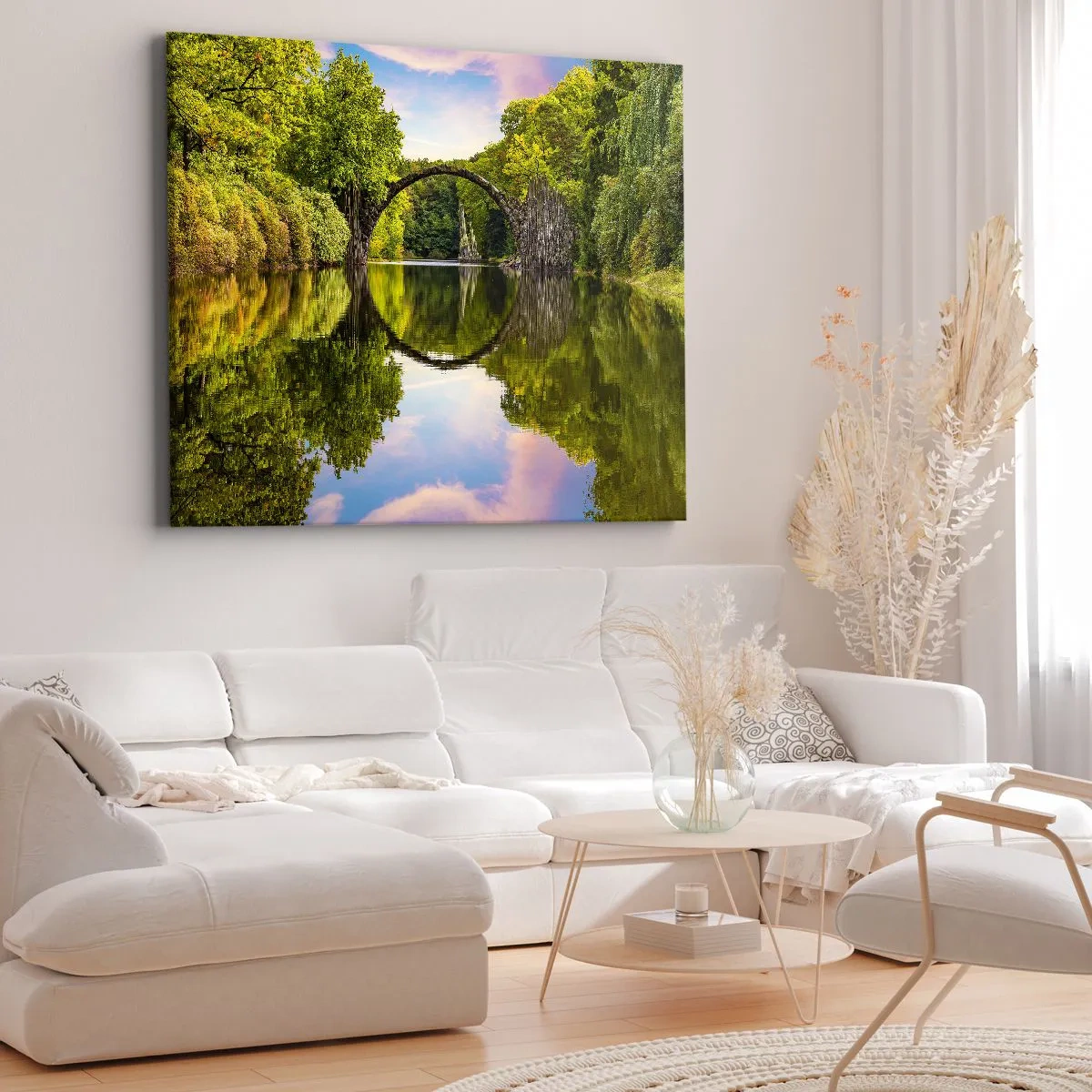 Cuadro sobre lienzo - Impresión de Imagen - Un puente de piedra sobre un río con un reflejo perfecto en el agua. - 70x50cm - En el punto de encuentro de dos mundos - Decoración de pared moderna para salón y dormitorio ARTTOR
