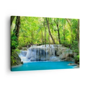 Cuadro sobre lienzo - Impresión de Imagen - Una cascada entre árboles verdes con agua azul en un entorno natural. - 70x50cm - Ahogarse en turquesa y verde - Decoración de pared moderna para salón y dormitorio ARTTOR
