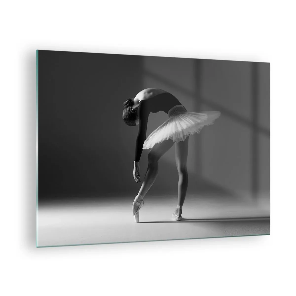 Cuadro sobre vidrio - Impresiones sobre Vidrio - Silueta en blanco y negro de una bailarina en una pose elegante. - 70x50cm - Bella bailarina - Decoración de pared moderna para salón y dormitorio ARTTOR