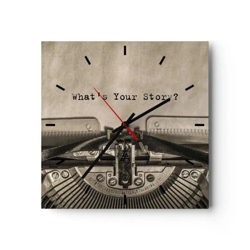 Reloj de pared - Reloj de vidrio - Una máquina de escribir con las palabras ¿Cuál es tu historia? - 30x30cm - Solo espero una respuesta - Decoración de pared moderna para salón y dormitorio ARTTOR