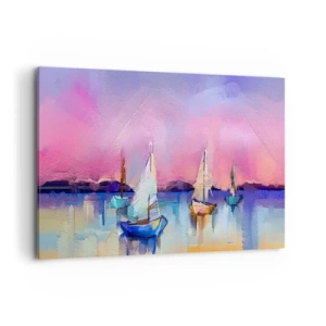 Cuadro sobre lienzo - Impresión de Imagen - Veleros en un mar tranquilo en los colores pastel del atardecer. - 100x70cm - Dirección alta mar - Decoración de pared moderna para salón y dormitorio ARTTOR