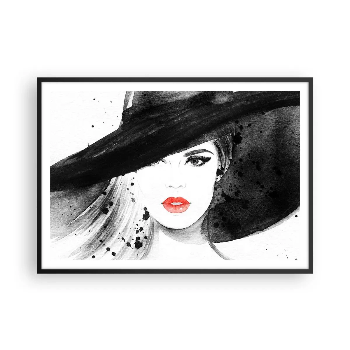 Póster en marco negro - Retrato de una mujer con sombrero y labios rojos. - 100x70cm - Dama de negro - Decoración de pared moderna para salón y dormitorio ARTTOR