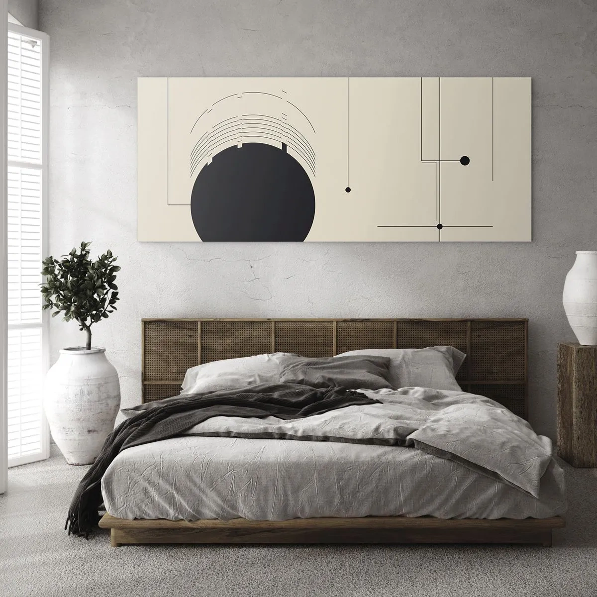 Cuadro sobre vidrio - Impresiones sobre Vidrio - Líneas geométricas negras y un círculo sobre un fondo beige. - 120x50cm - Composición elástica y dinámica - Decoración de pared moderna para salón y dormitorio ARTTOR