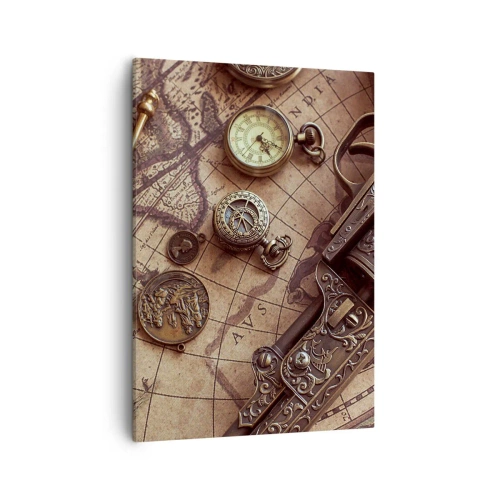 Cuadro sobre lienzo - Impresión de Imagen - Objetos antiguos en un mapa antiguo en estilo retro. - 50x70cm - La aventura llama - Decoración de pared moderna para salón y dormitorio ARTTOR