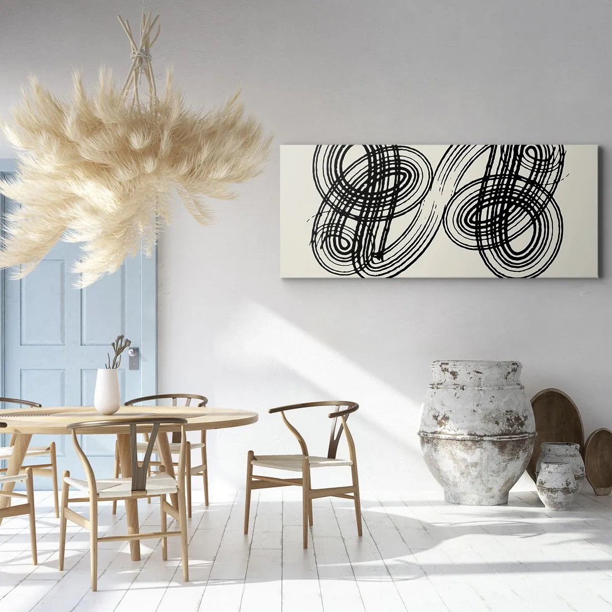 Cuadro sobre lienzo - Impresión de Imagen - Líneas negras abstractas sobre fondo claro en estilo vanguardista. - 160x50cm - Salió espontáneamente - Decoración de pared moderna para salón y dormitorio ARTTOR