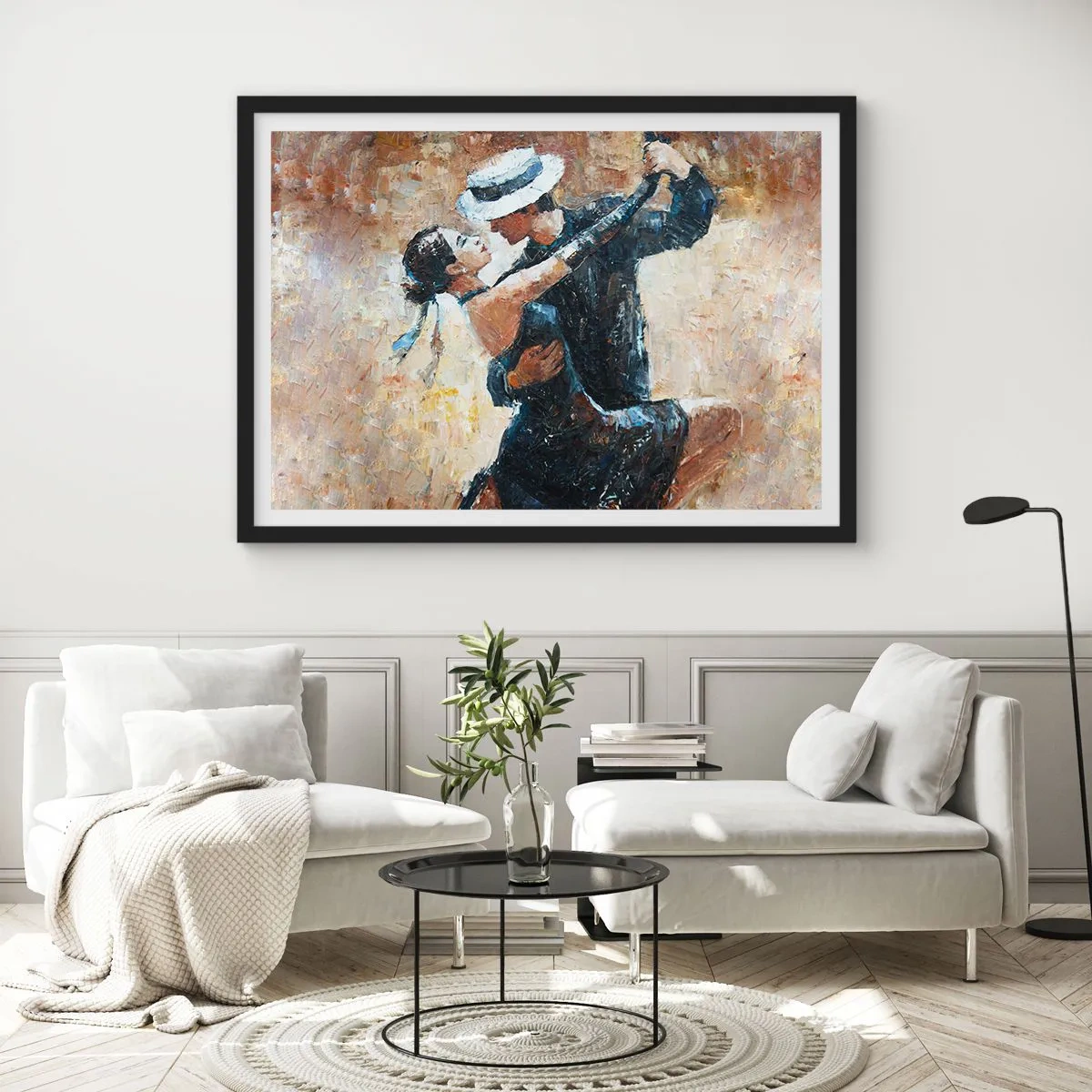 Póster en marco negro - Una pareja bailando tango en un estilo romántico y elegante. - 70x50cm - Estilo Rudolf Valentino - Decoración de pared moderna para salón y dormitorio ARTTOR