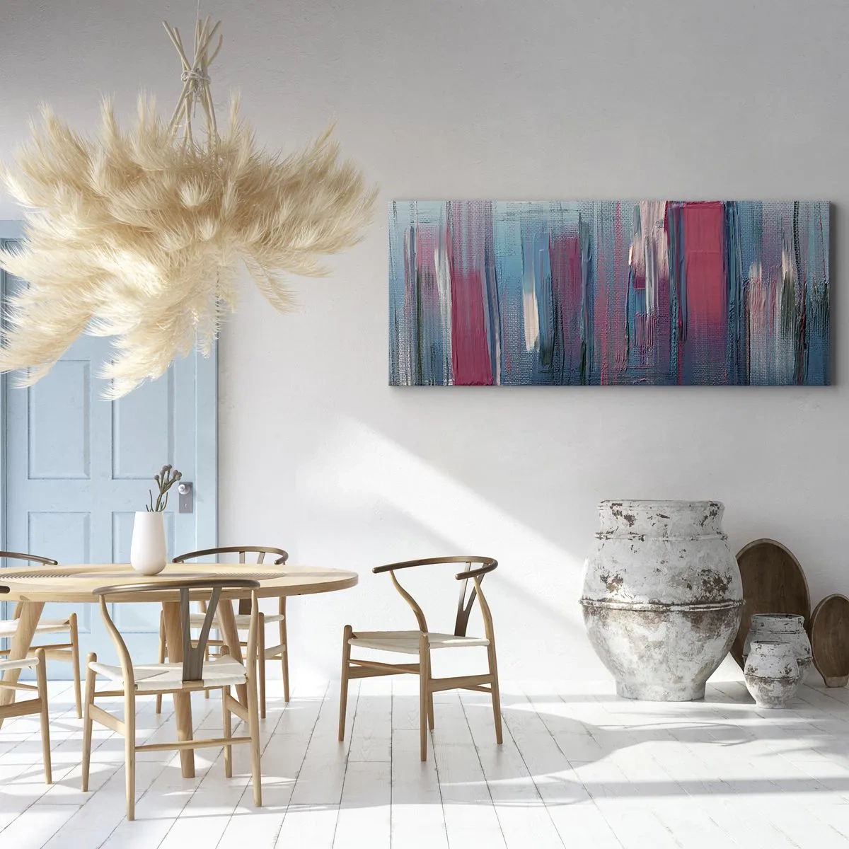 Cuadro sobre lienzo - Impresión de Imagen - Formas verticales abstractas en tonos azules y rojos. - 140x50cm - Composición vertical en azul y rojo - Decoración de pared moderna para salón y dormitorio ARTTOR