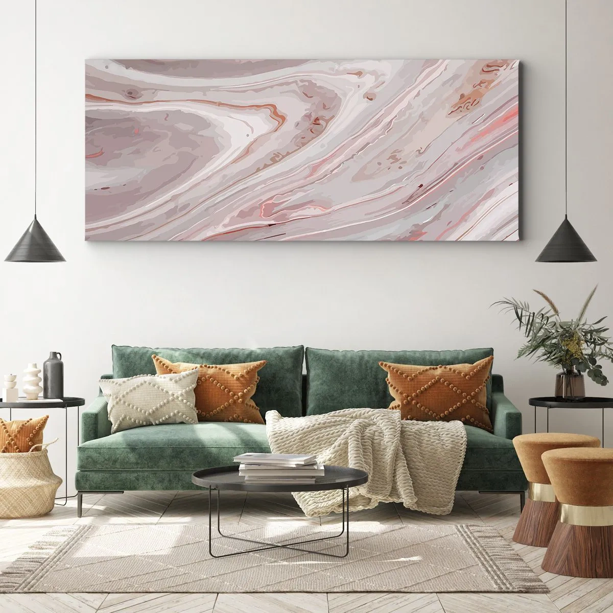 Cuadro sobre lienzo - Impresión de Imagen - Ondas abstractas en delicados tonos rosa y beige. - 160x50cm - Rosa líquido - Decoración de pared moderna para salón y dormitorio ARTTOR